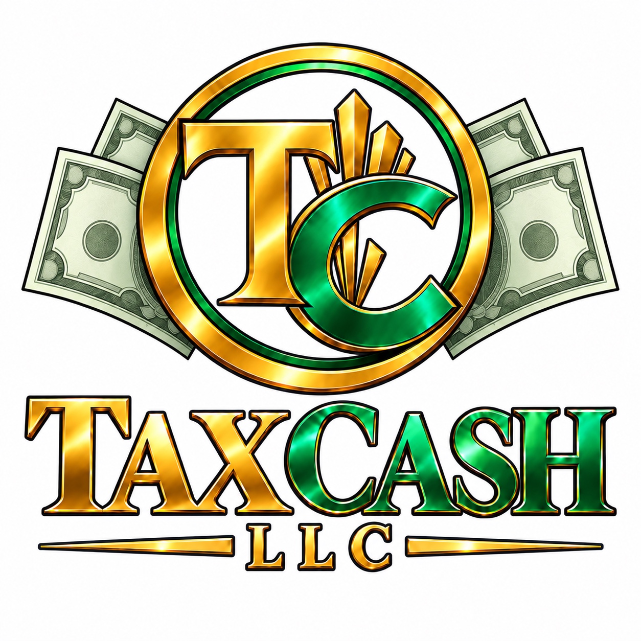 Tax Cash LLC gold and green logo with TC seal and cash